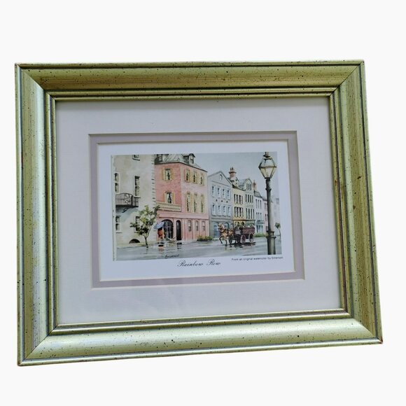 Charleston SC RAINBOW ROW Watercolor Print by Emerson Framed Matted Street Scene - Picture 1 of 7